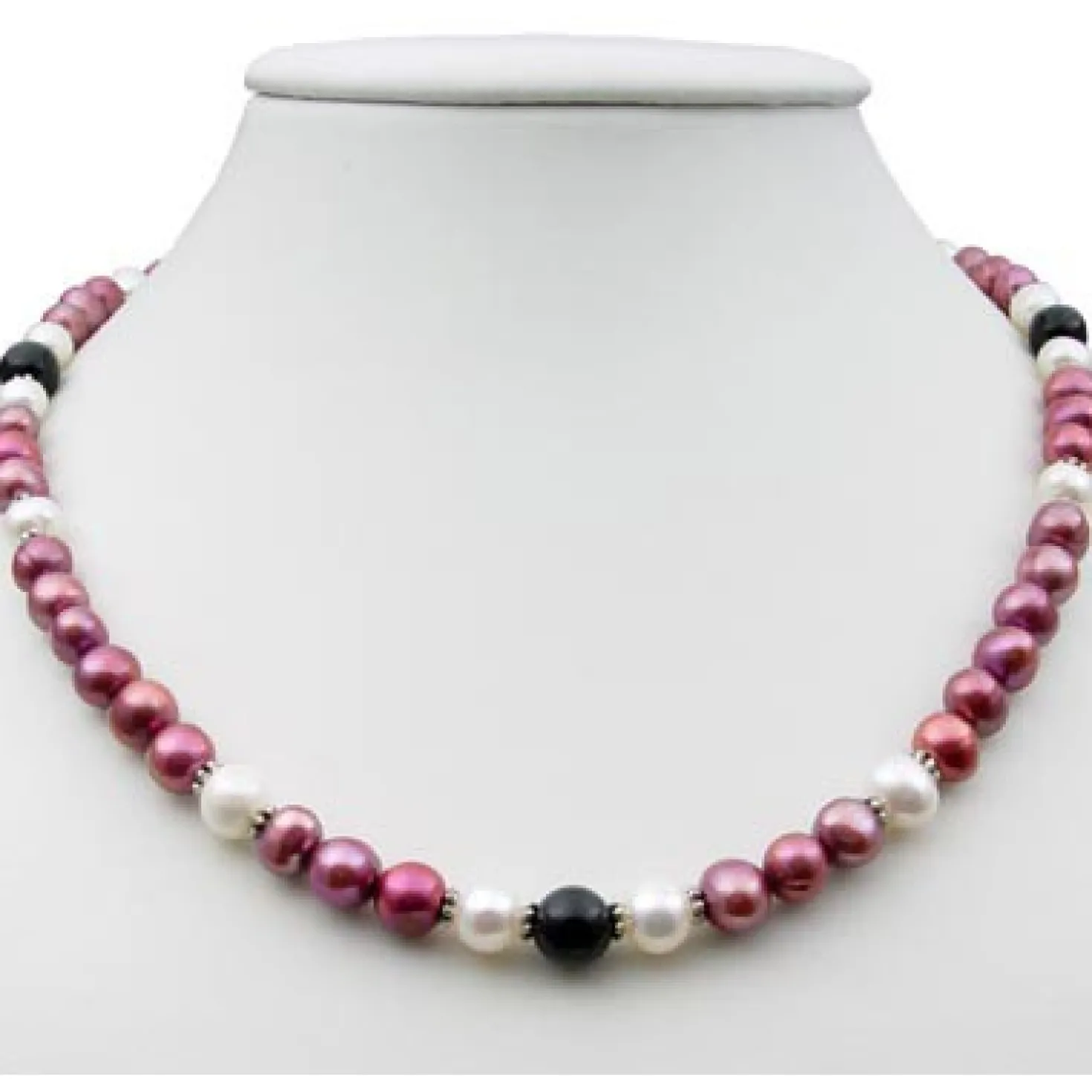 Kette Collier aus Perlen Süßwasser-Zuchtperlen & Onyx pflaume-schwarz-weiß 47cm
