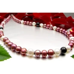Kette Collier aus Perlen Süßwasser-Zuchtperlen & Onyx pflaume-schwarz-weiß 47cm