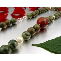 Kette Collier aus Rhyolith & Rot-Jaspis & Perlen & 925 Silber