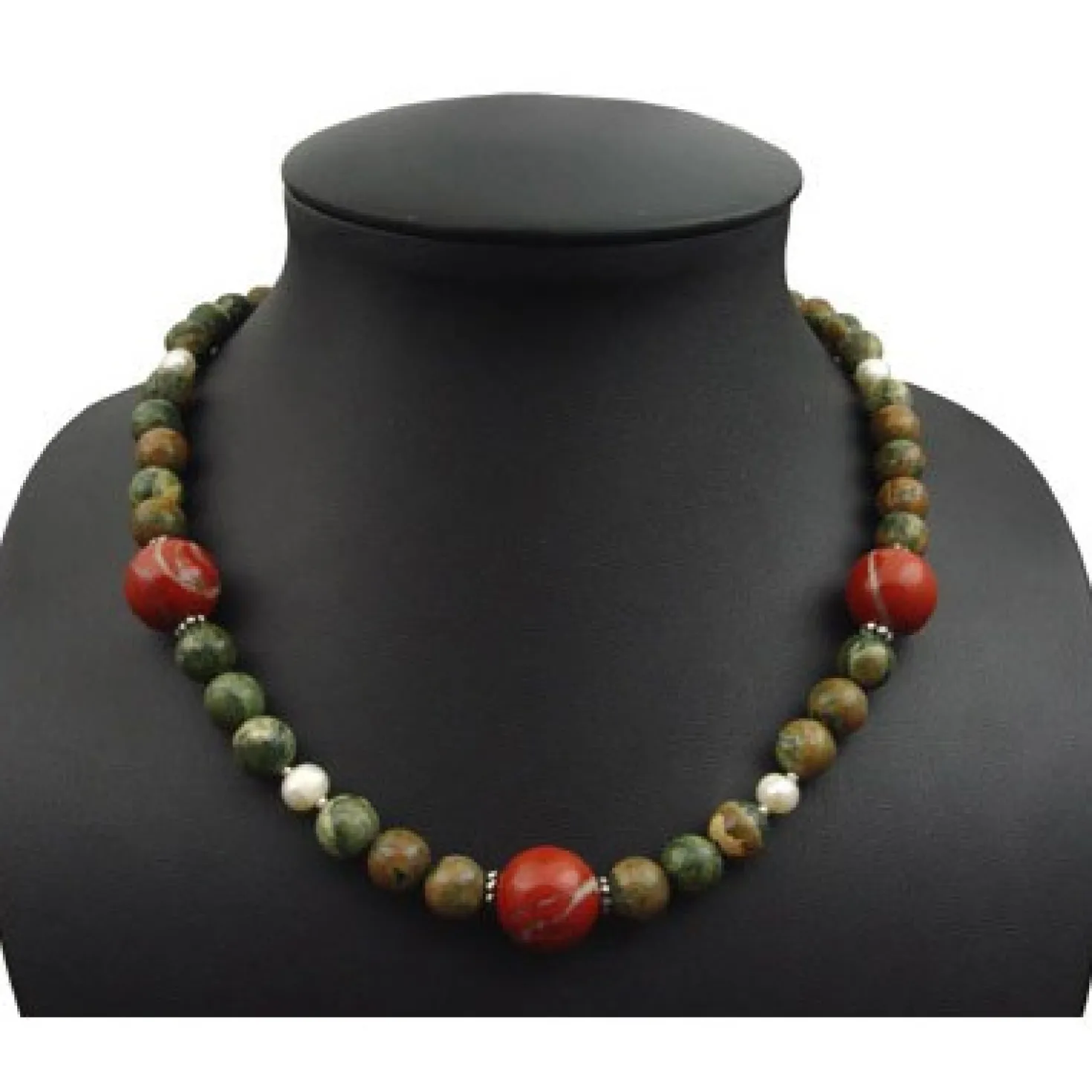 Kette Collier aus Rhyolith & Rot-Jaspis & Perlen & 925 Silber