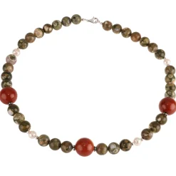 Kette Collier aus Rhyolith & Rot-Jaspis & Perlen & 925 Silber