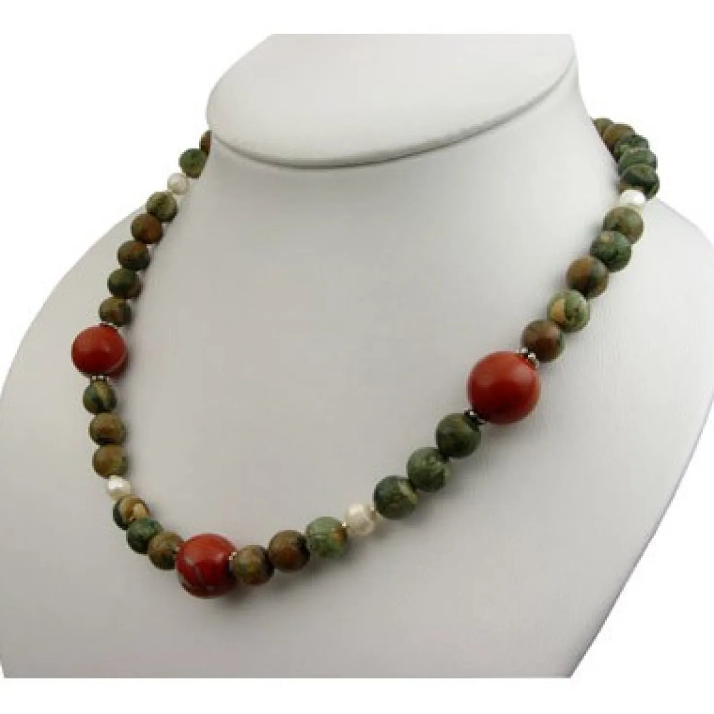 Kette Collier aus Rhyolith & Rot-Jaspis & Perlen & 925 Silber