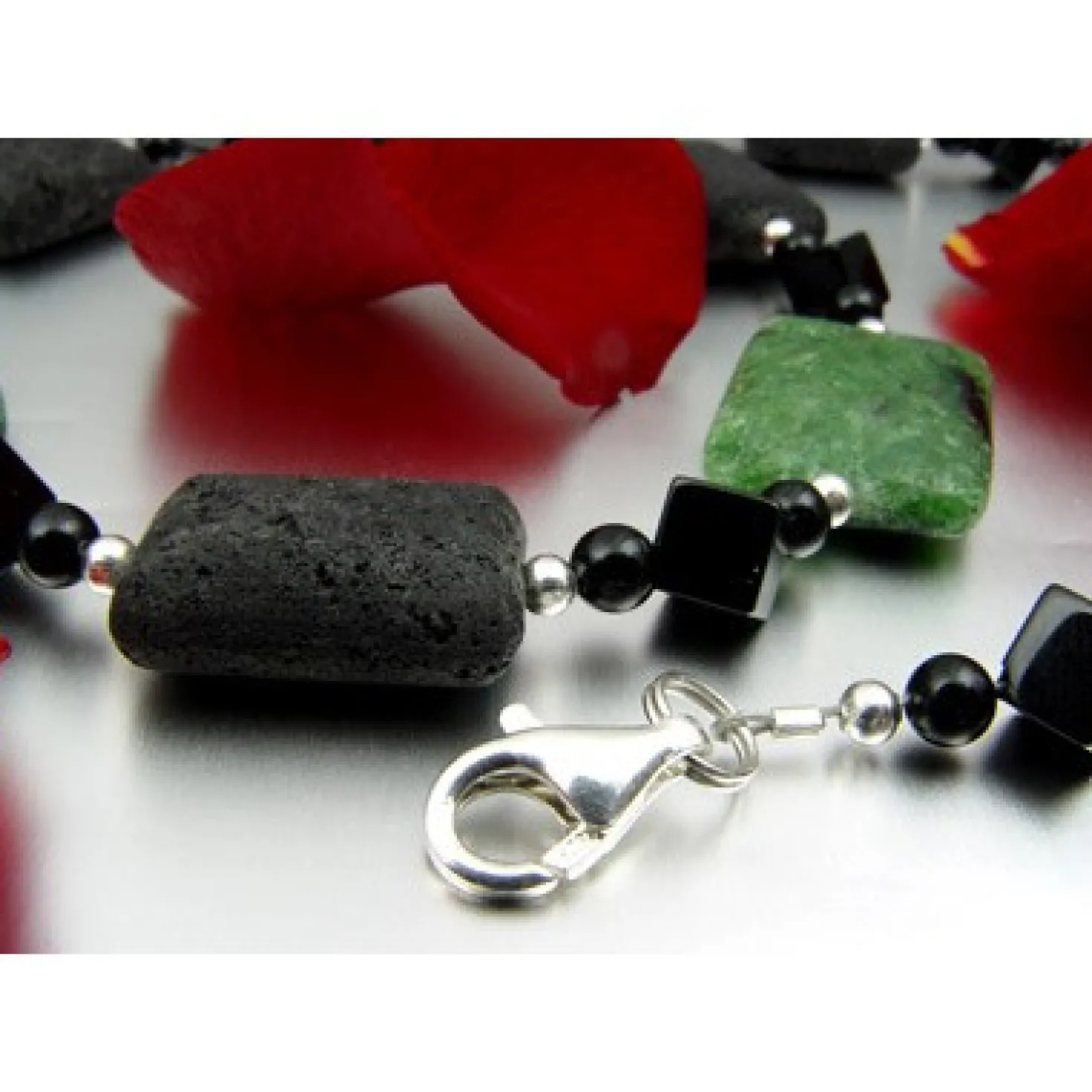 Kette Collier aus Rubin-Zoisit & Lava & Onyx schwarz-grün 925 Silber Halskette