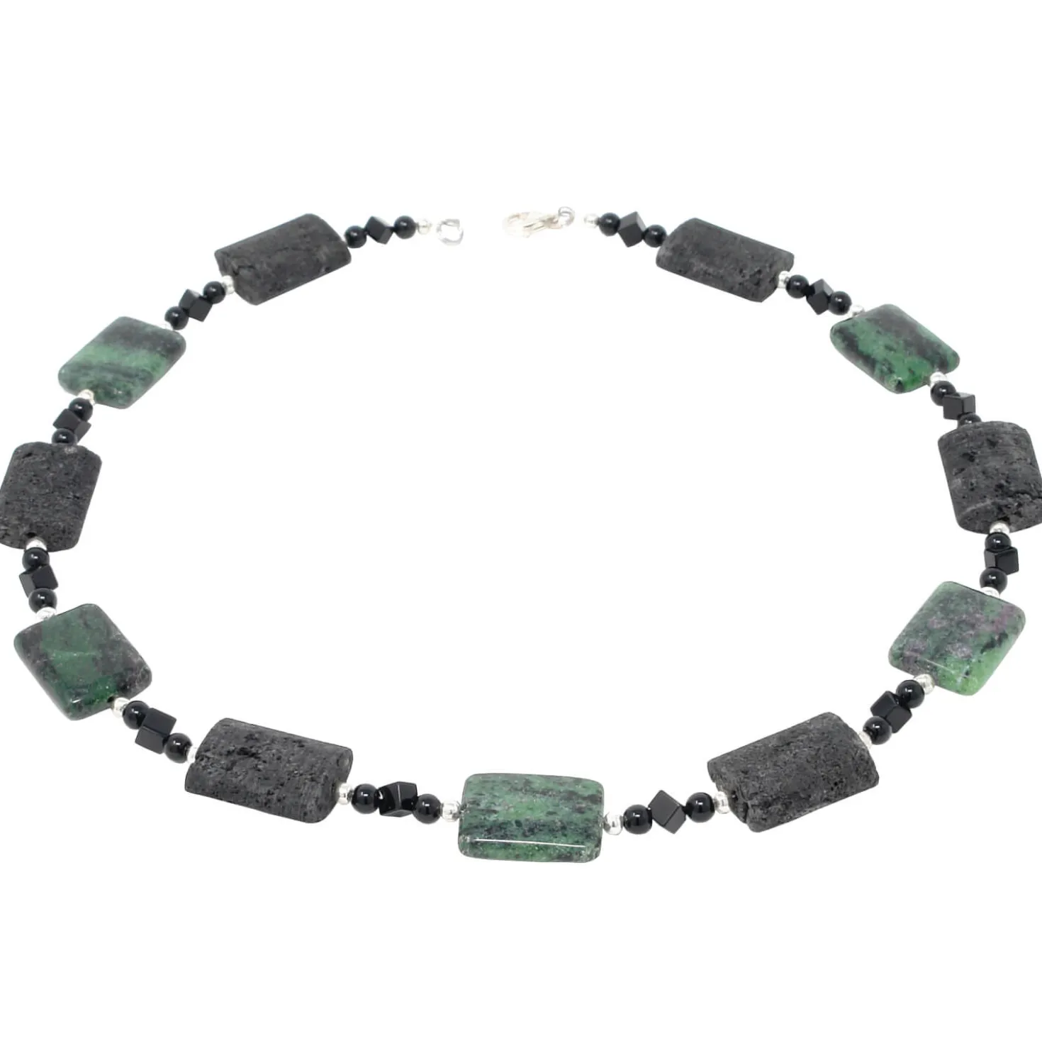 Kette Collier aus Rubin-Zoisit & Lava & Onyx schwarz-grün 925 Silber Halskette