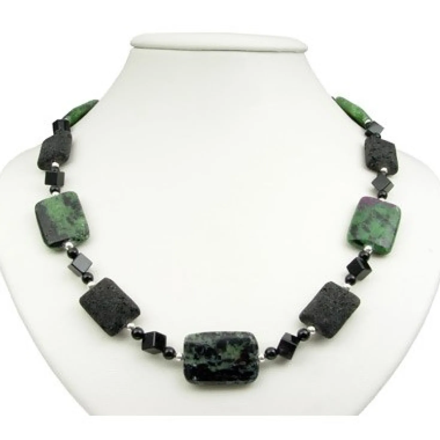 Kette Collier aus Rubin-Zoisit & Lava & Onyx schwarz-grün 925 Silber Halskette