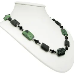 Kette Collier aus Rubin-Zoisit & Lava & Onyx schwarz-grün 925 Silber Halskette