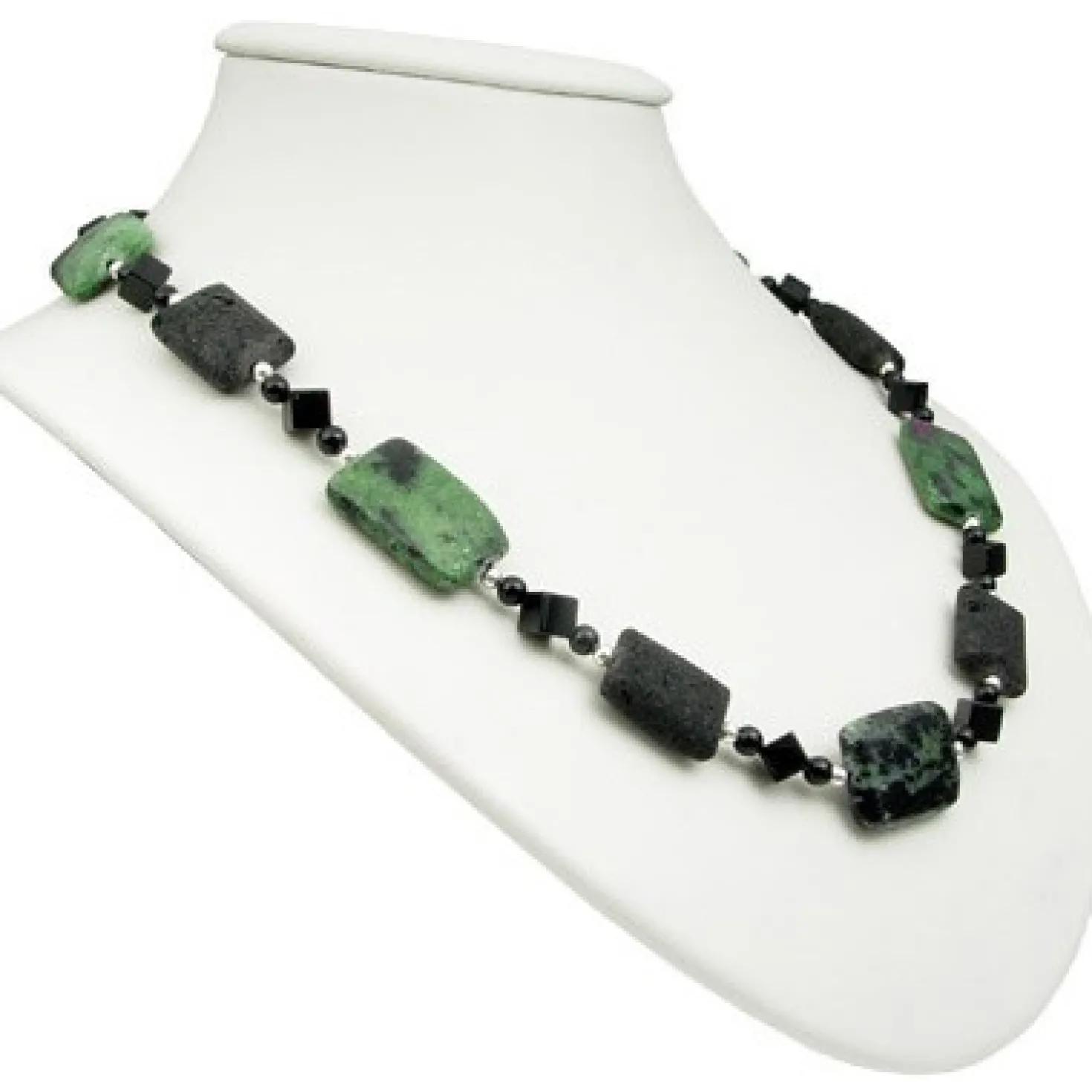 Kette Collier aus Rubin-Zoisit & Lava & Onyx schwarz-grün 925 Silber Halskette