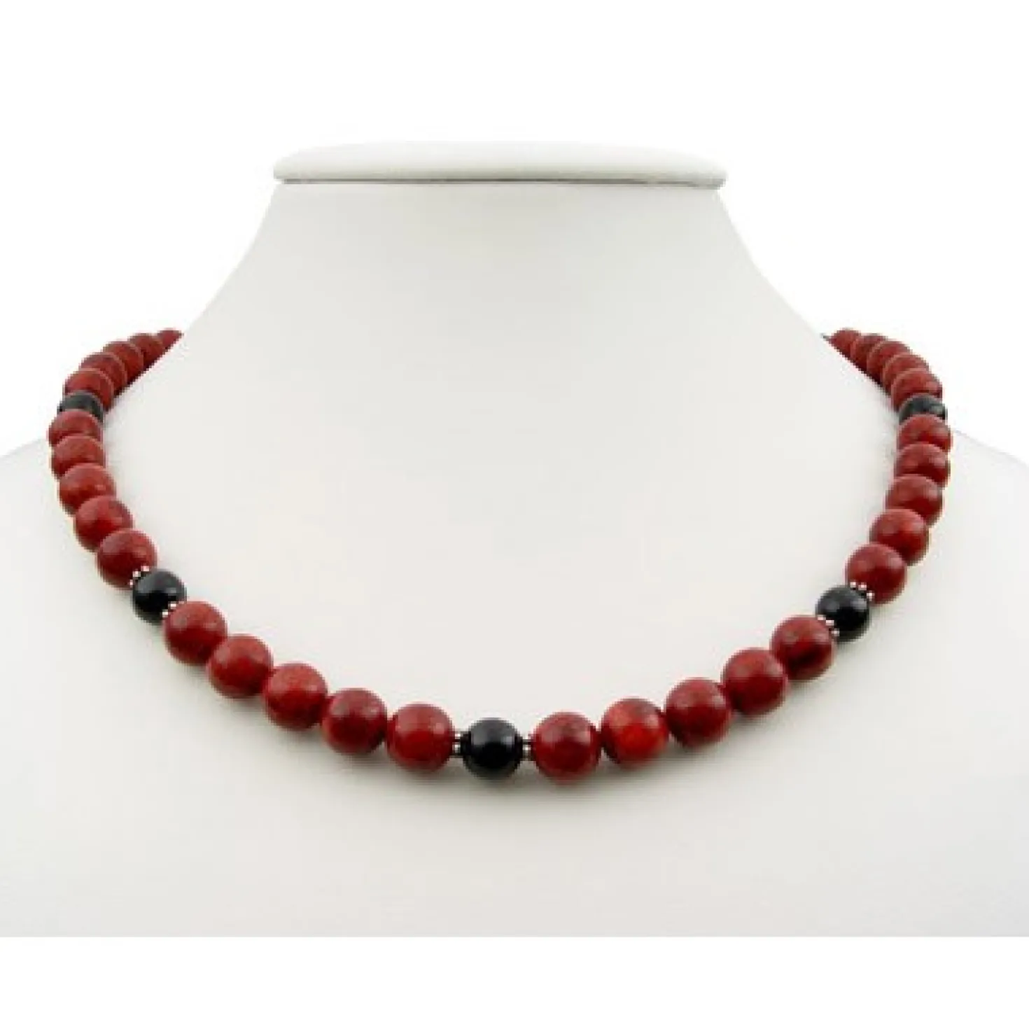 Kette Collier aus Schaumkoralle & Onyx & 925 Silber rot-braun schwarz Halskette