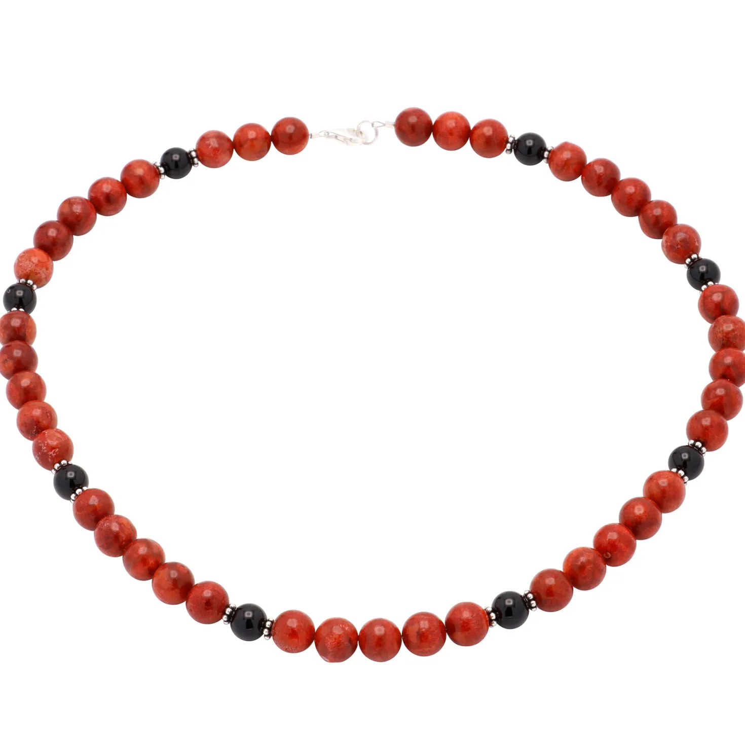 Kette Collier aus Schaumkoralle & Onyx & 925 Silber rot-braun schwarz Halskette