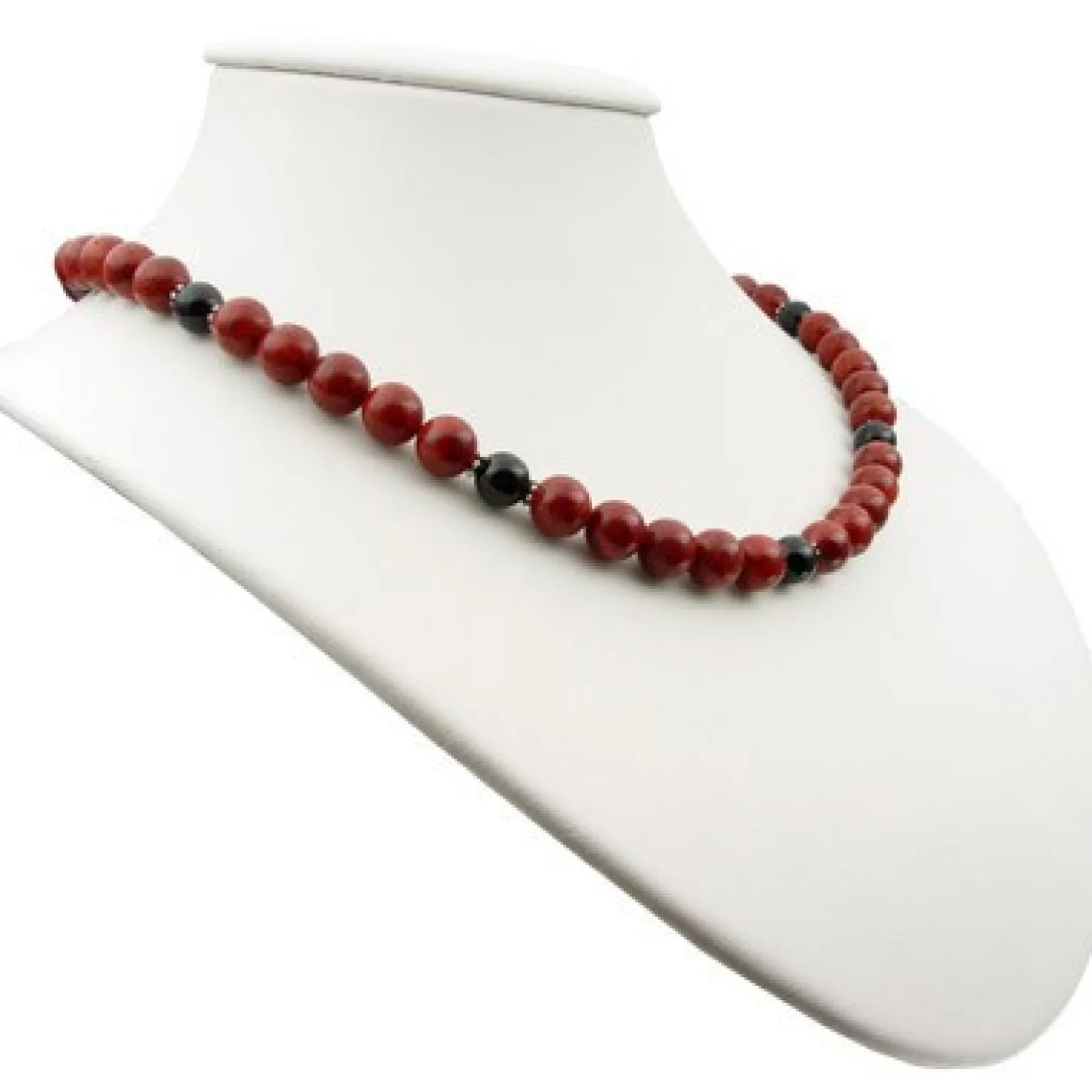Kette Collier aus Schaumkoralle & Onyx & 925 Silber rot-braun schwarz Halskette