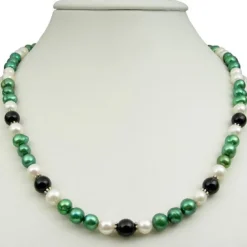 Kette Collier Halskette aus Süßwasser-Perlen & Onyx grün-schwarz-weiß 50cm
