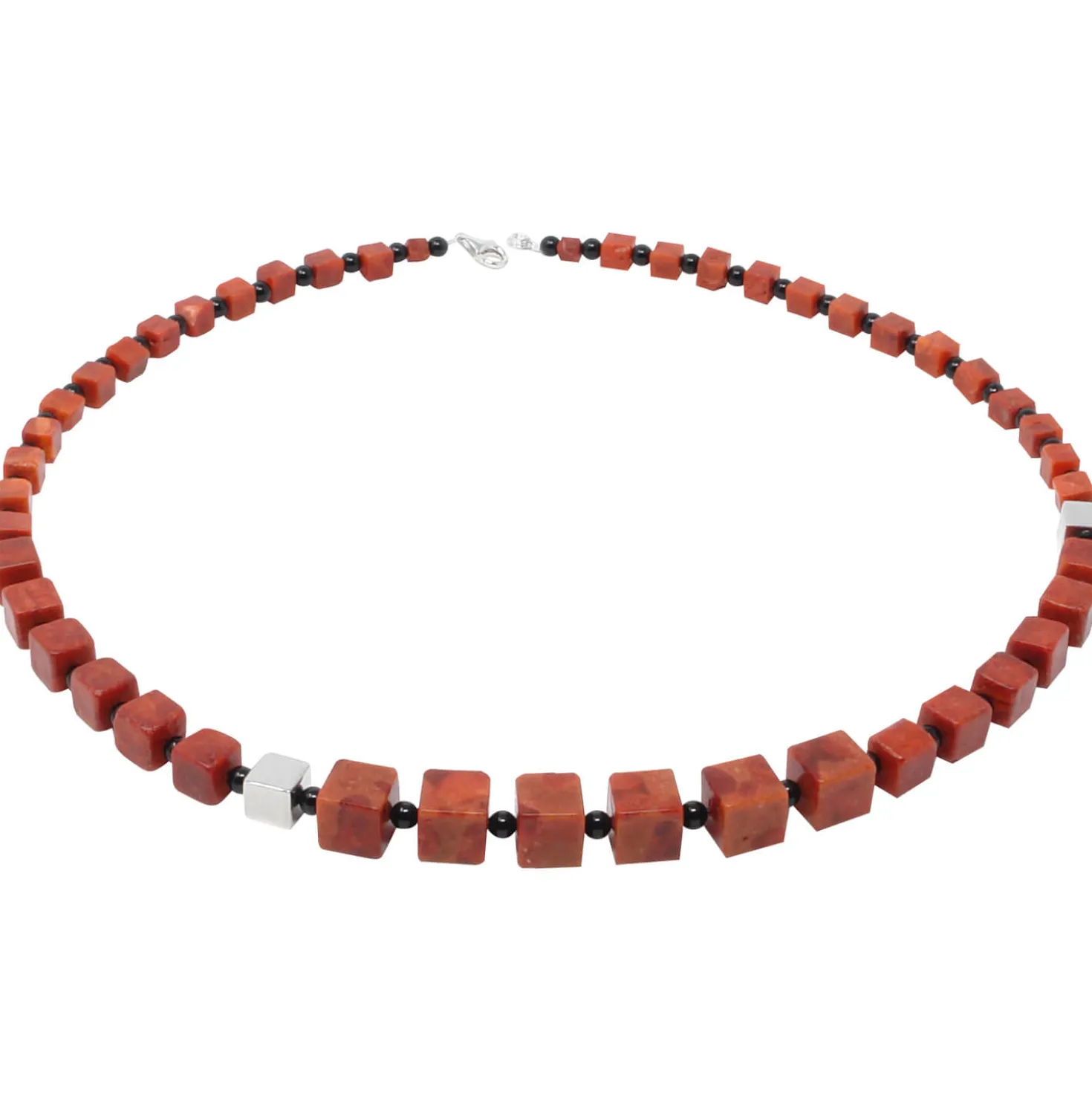 Kette Collier Koralle Würfel & Onyx & 925 Silber rot-braun schwarz Designerkette