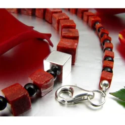 Kette Collier Koralle Würfel & Onyx & 925 Silber rot-braun schwarz Designerkette
