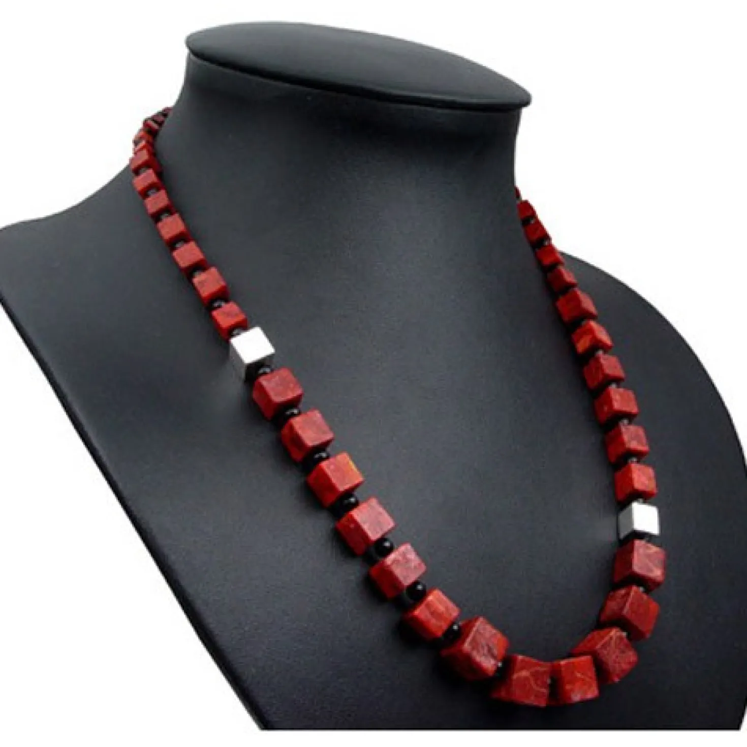 Kette Collier Koralle Würfel & Onyx & 925 Silber rot-braun schwarz Designerkette