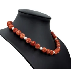 Kette Collier Natur-Koralle mit Poren & Süßwasser-Perlen 925 Silber rot-orange