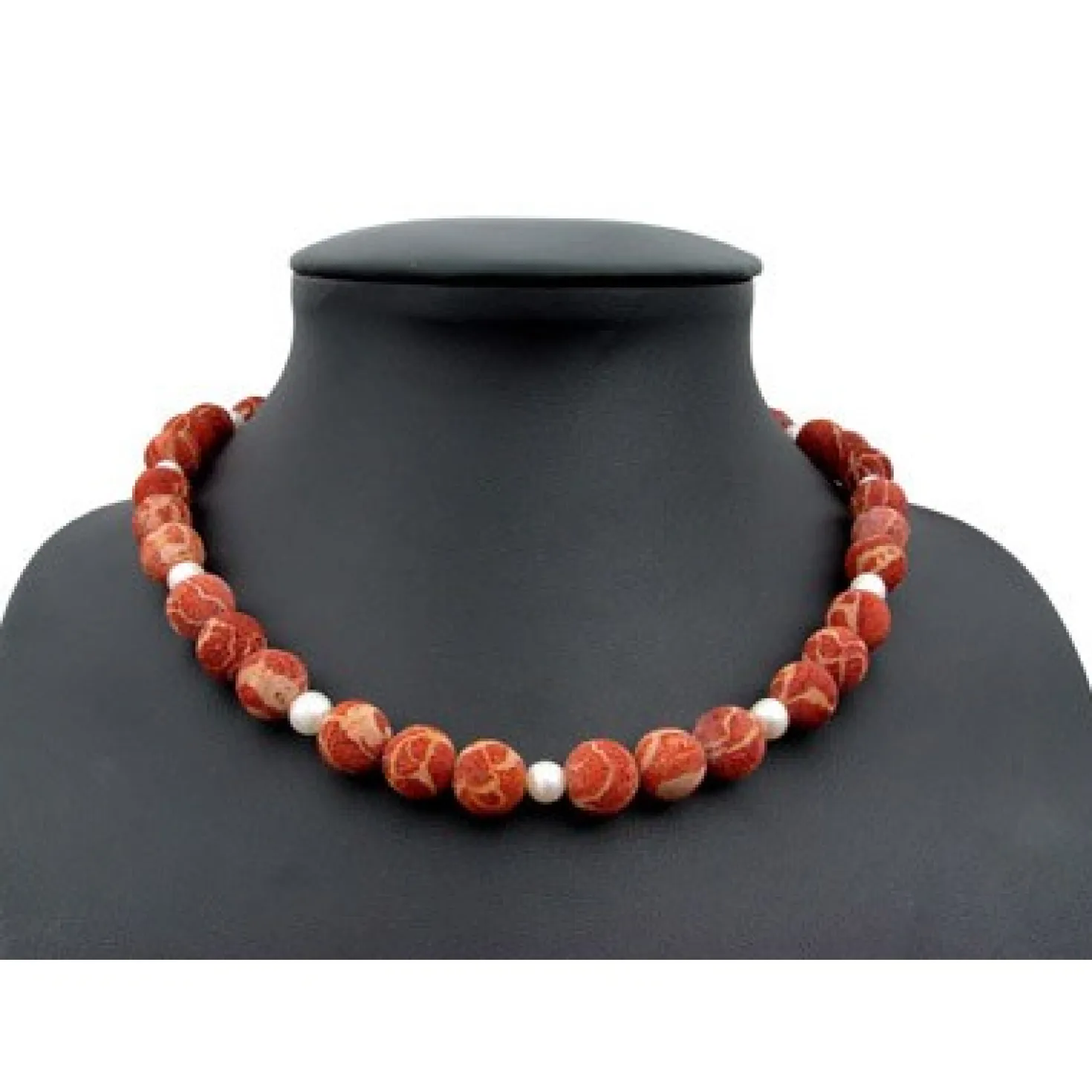 Kette Collier Natur-Koralle mit Poren & Süßwasser-Perlen 925 Silber rot-orange