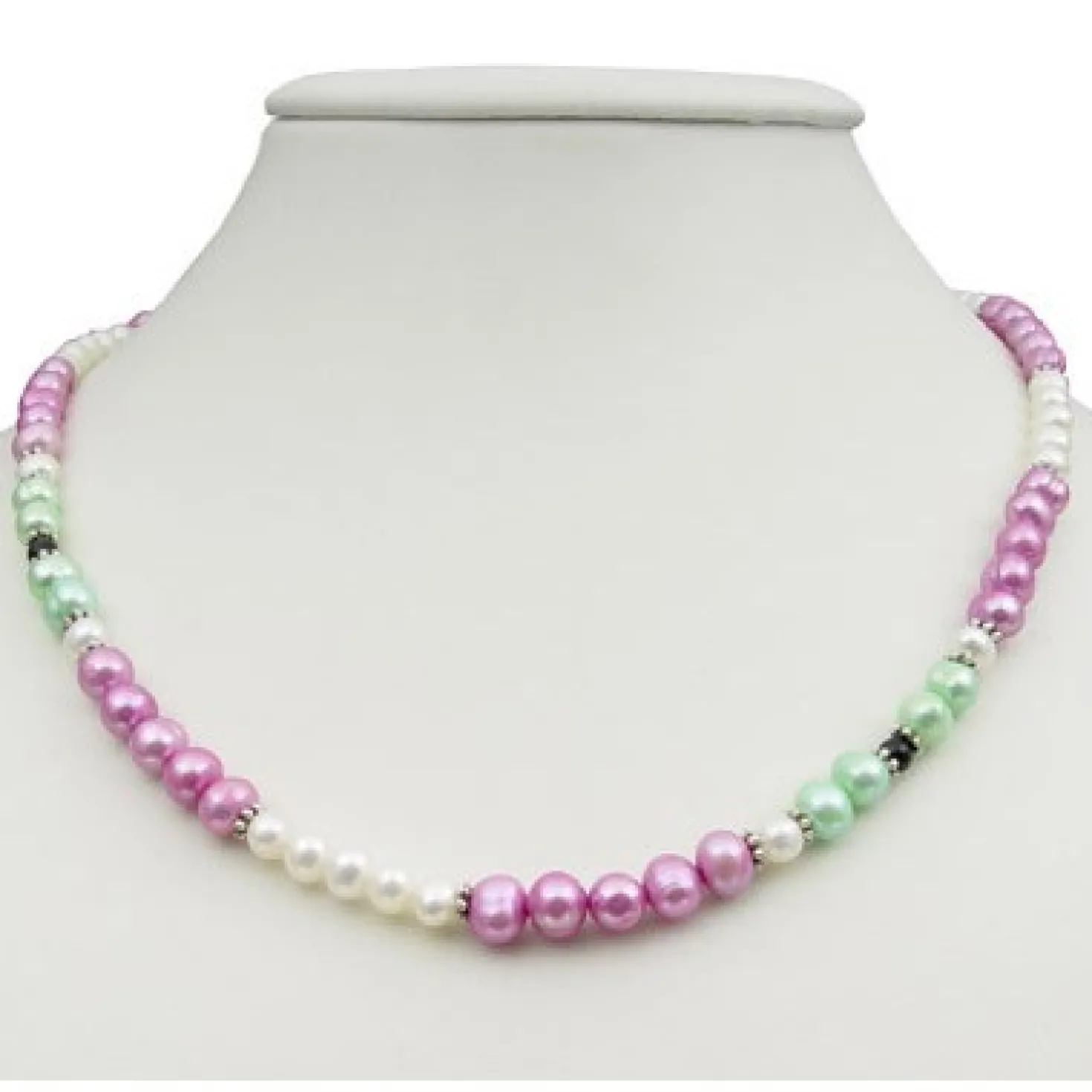 Kette Collier Süßwasser Perlen Multicolor pink hellgrün creme-weiß schwarz 48cm