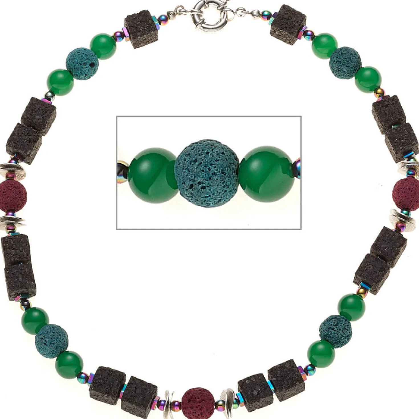Kette Halskette Collier Multicolor mit Lava Achat Hämatin, 48cm, Damen