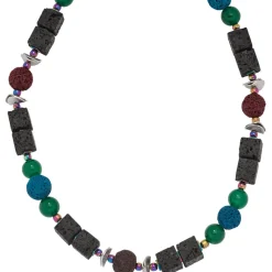 Kette Halskette Collier Multicolor mit Lava Achat Hämatin, 48cm, Damen
