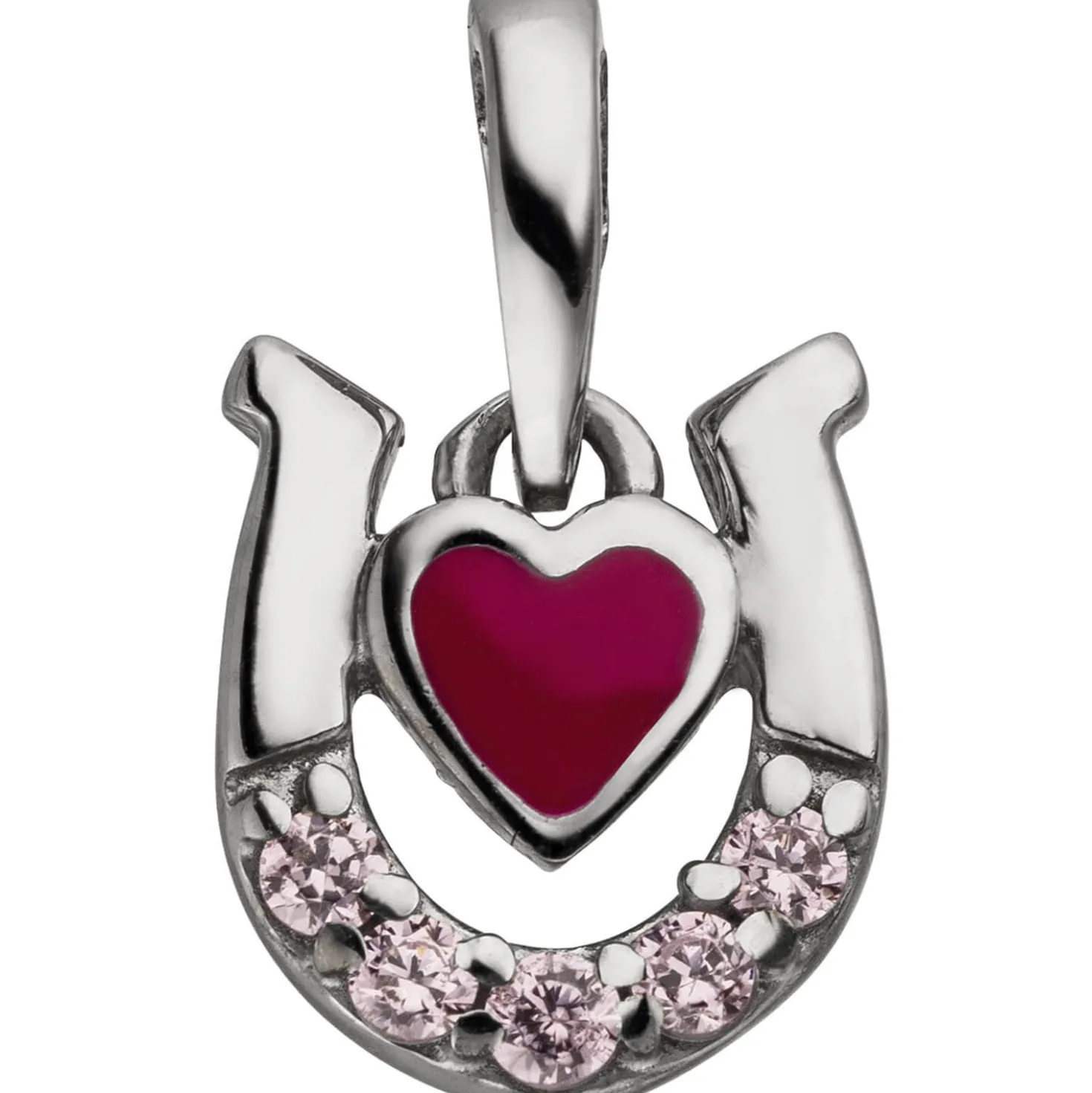 Kinder Anhänger 7,9x9,1mm Herz rot im Hufeisen mit 5 Zirkonia pink 925 Silber