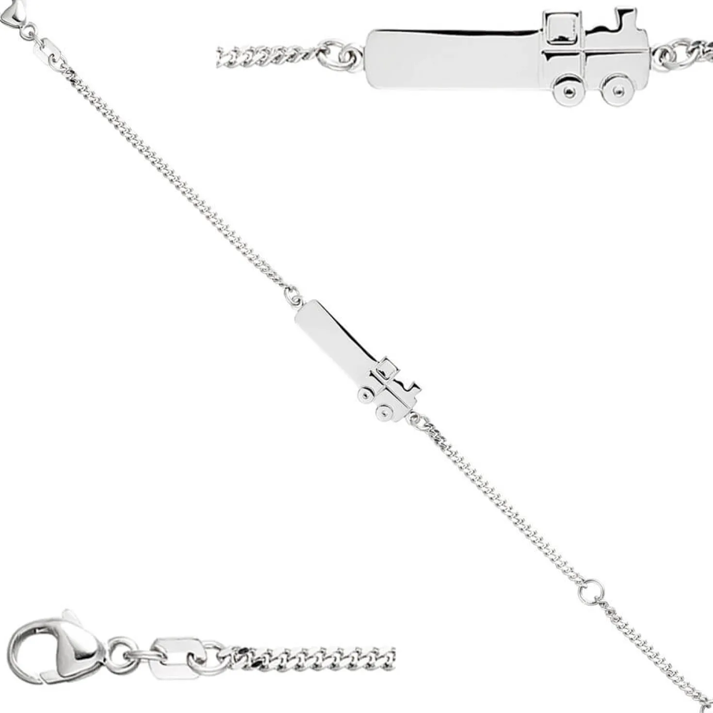 Kinder Armband Gravurplatte Schildband, Lokomotive Dampflok, 925 Silber, 12-14cm