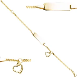 Kinder Armband Gravurplatte Schildband mit Herz Herzchen, 333 Gelbgold, 12-14cm
