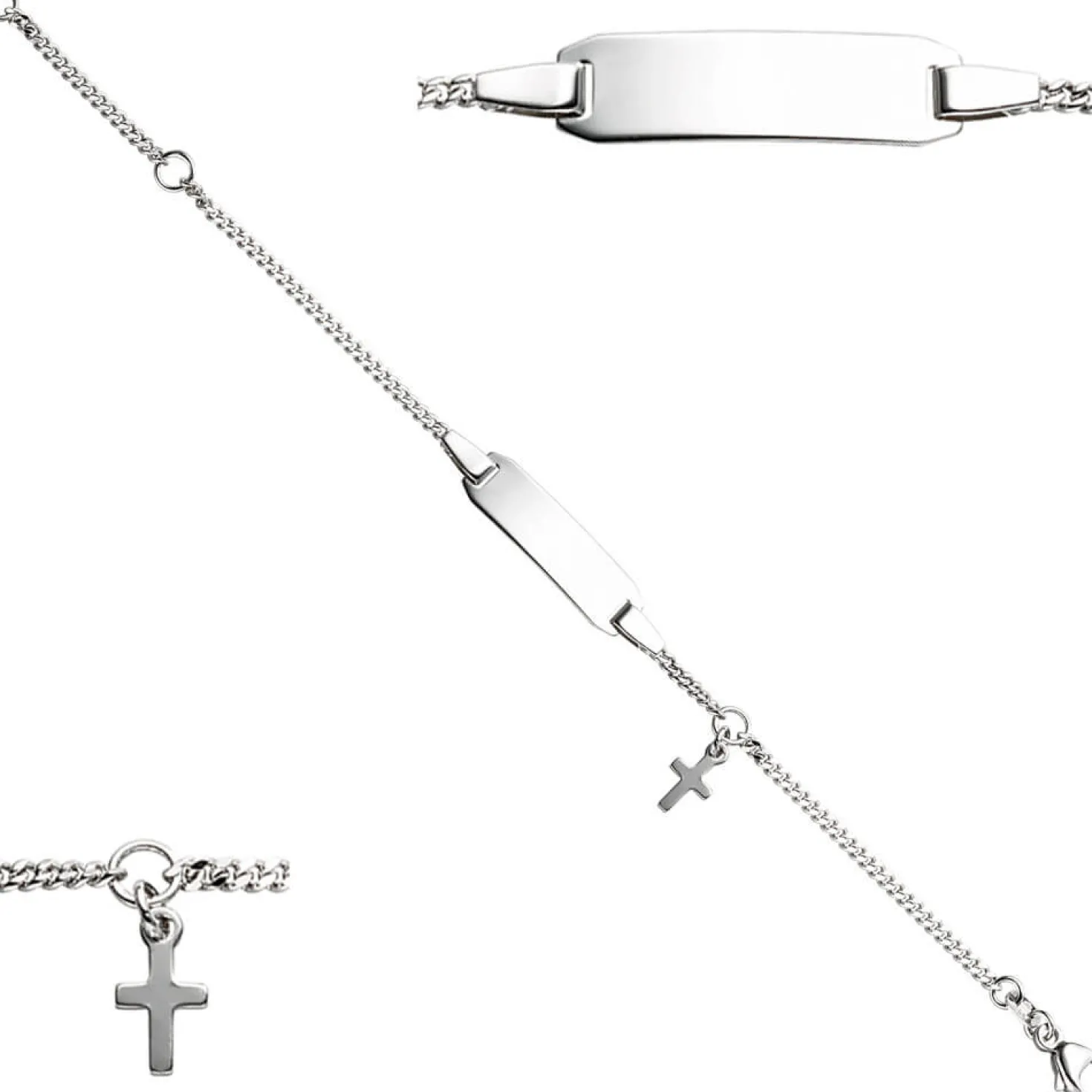 Kinder Armband Gravurplatte Schildband mit Kreuz Kreuzchen, 925 Silber, 12-14cm