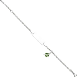 Kinder Armband Schildband aus 925 Silber mit Kleeblatt grüne Lackeinlage 14cm