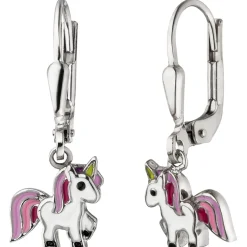 Kinder Ohrhänger 8,1x22,9mm Einhorn aus 925 Silber lila-pink-grün Lackeinlagen