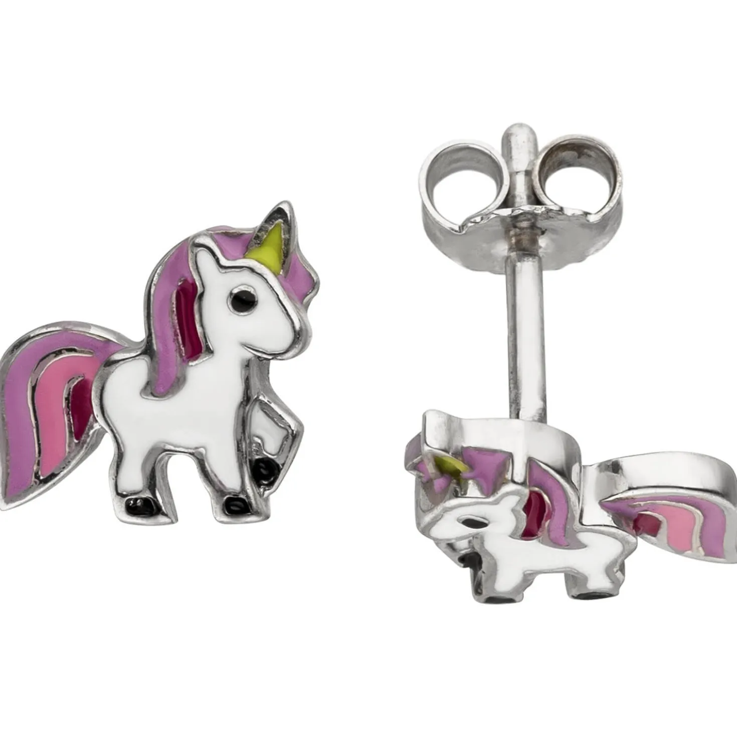 Kinder Ohrstecker Einhorn aus 925 Silber Ohrschmuck lila-pink-grün Lackeinlagen