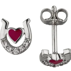 Kinder Ohrstecker Herz rot im Hufeisen mit 10 Zirkonia pink 925 Silber Ohrringe