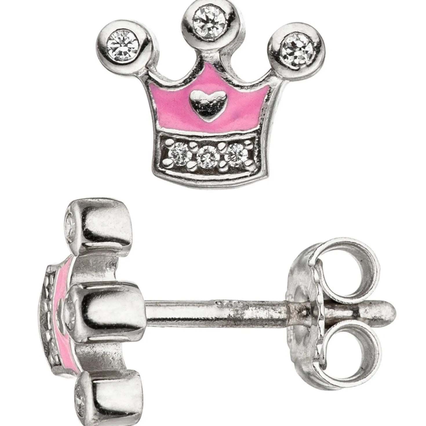 Kinder Ohrstecker Krone rosa mit Zirkonia an Spitzen, 925 Silber, Ohrschmuck