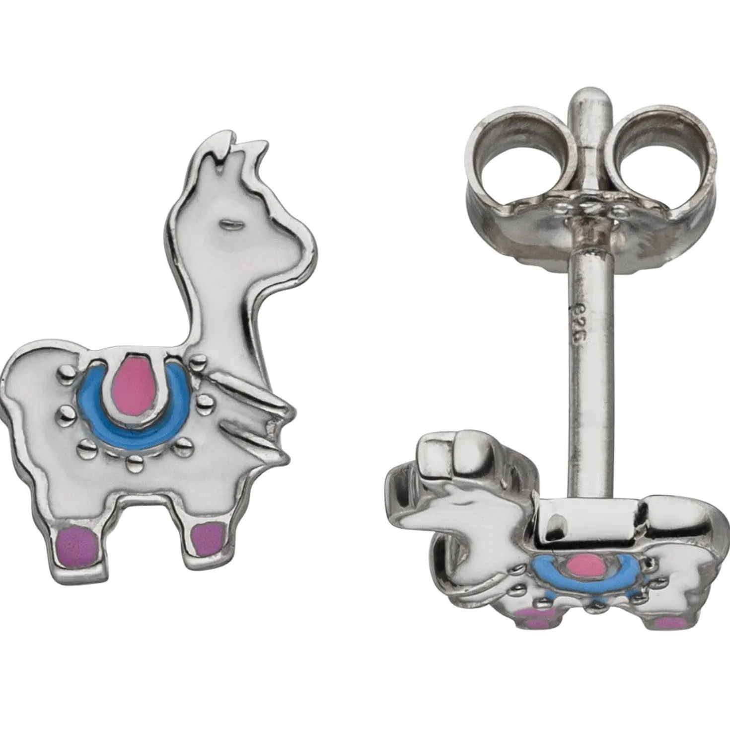 Kinder Ohrstecker Lama aus 925 Silber weiß-pink-blau Lackeinlagen Ohrschmuck