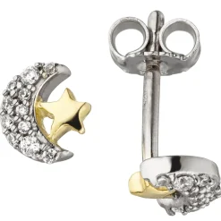 Kinder Ohrstecker Stern & Mond 22 Zirkonia 925 Silber vergoldet bicolor Ohrringe