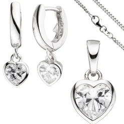 Kinder Schmuck-Set Herz aus 925 Silber mit Zirkonia Anhänger Ohrringe Kette 42cm
