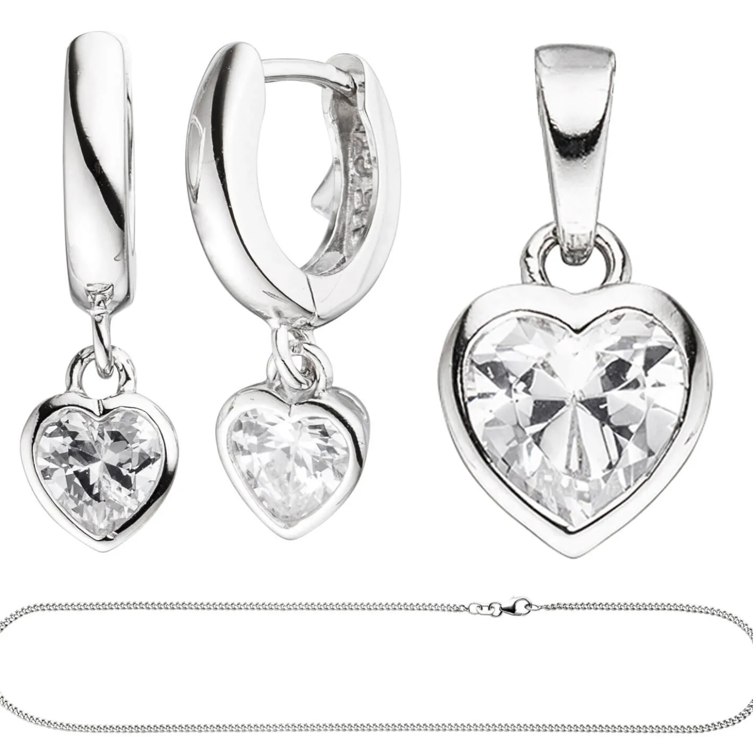 Kinder Schmuck-Set Herz aus 925 Silber mit Zirkonia Anhänger Ohrringe Kette 42cm