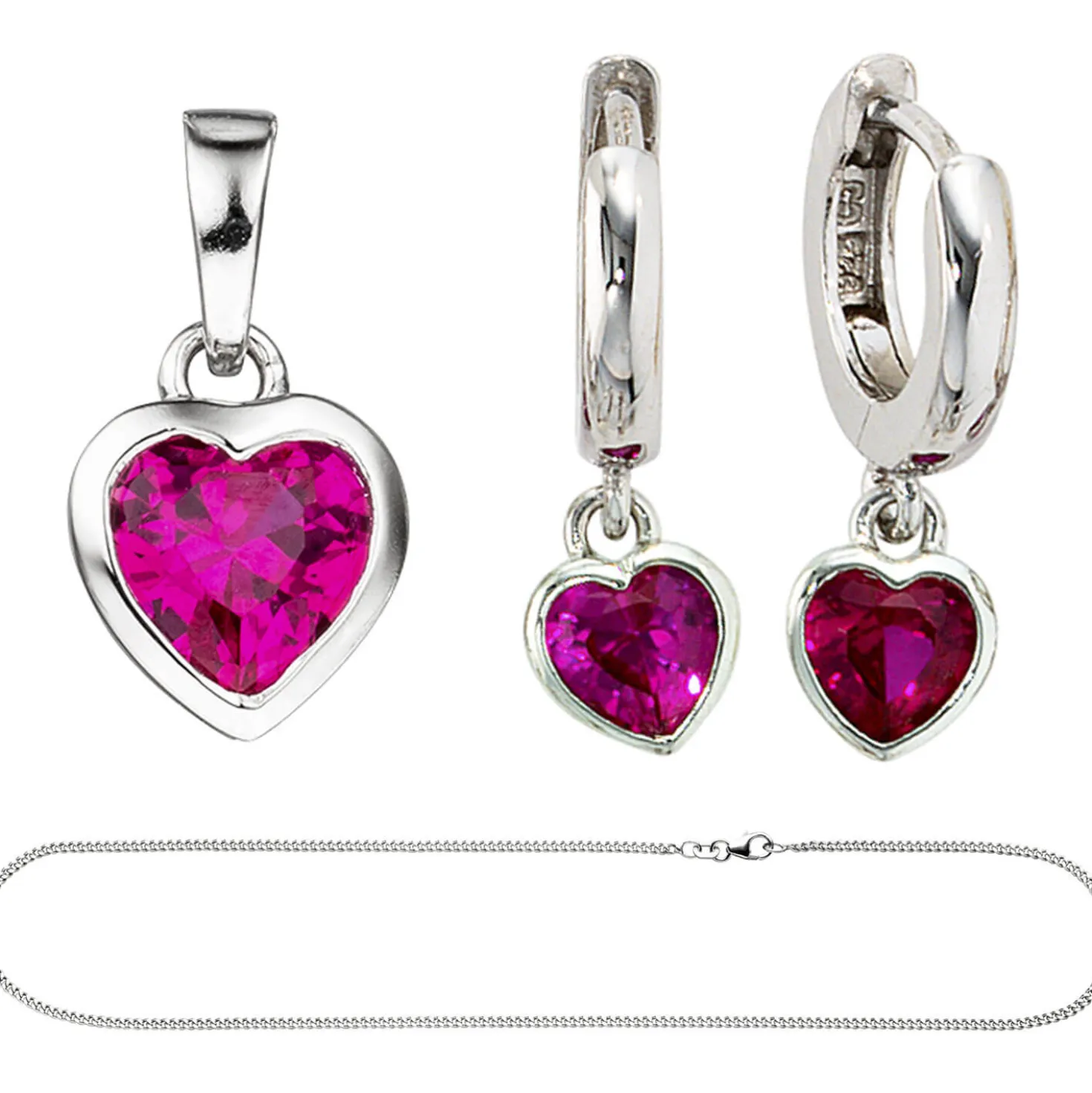 Kinder Schmuck-Set Herzen aus 925 Silber Zirkonia pink rosa mit Kette 42cm