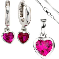 Kinder Schmuck-Set Herzen aus 925 Silber Zirkonia pink rosa mit Kette 42cm