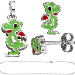 Kinder Schmuck-Set kleiner Drache aus 925 Silber grün lackiert mit Kette 42cm