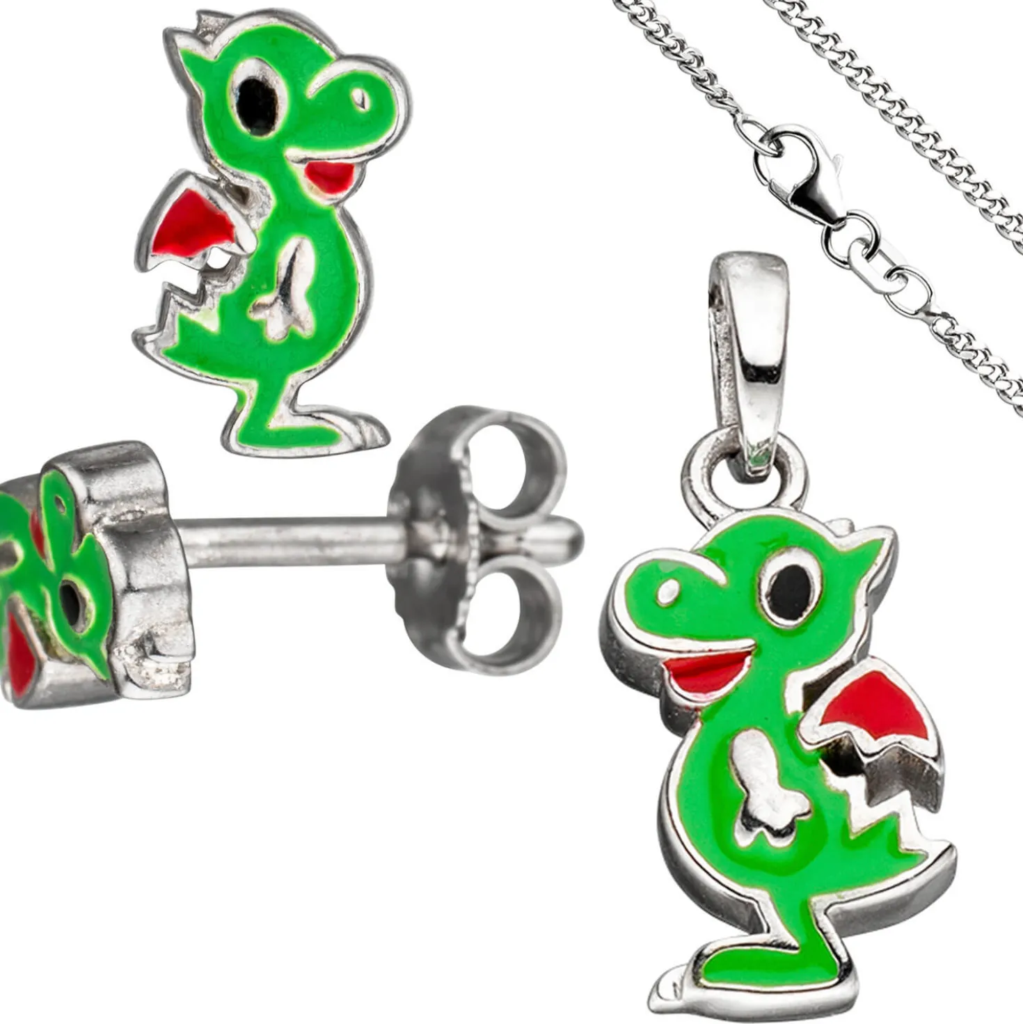 Kinder Schmuck-Set kleiner Drache aus 925 Silber grün lackiert mit Kette 42cm