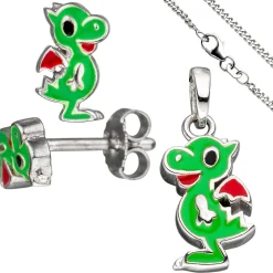 Kinder Schmuck-Set kleiner Drache aus 925 Silber grün lackiert mit Kette 38cm