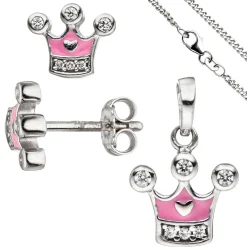 Kinder Schmuck-Set Krone pink rosa 925 Silber Zirkonia mit Kette 38cm