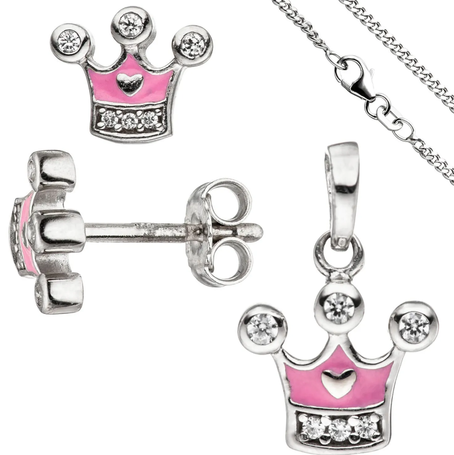 Kinder Schmuck-Set Krone pink rosa 925 Silber Zirkonia mit Kette 38cm