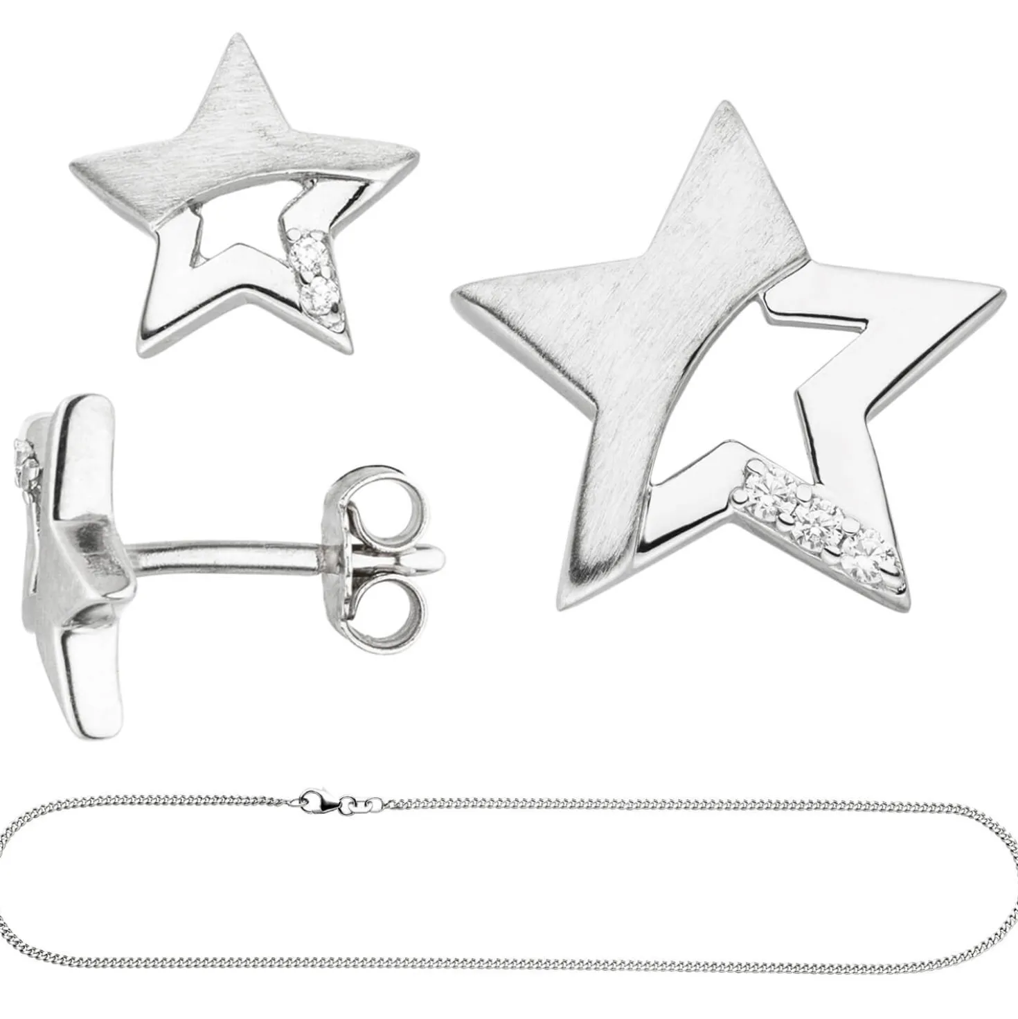 Kinder Schmuck-Set Stern 925 Silber mit Zirkonia Ohrstecker Anhänger Kette 42cm