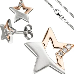 Kinder Schmuck-Set Stern 925 Silber teil rotvergoldet Zirkonia mit Kette 42cm
