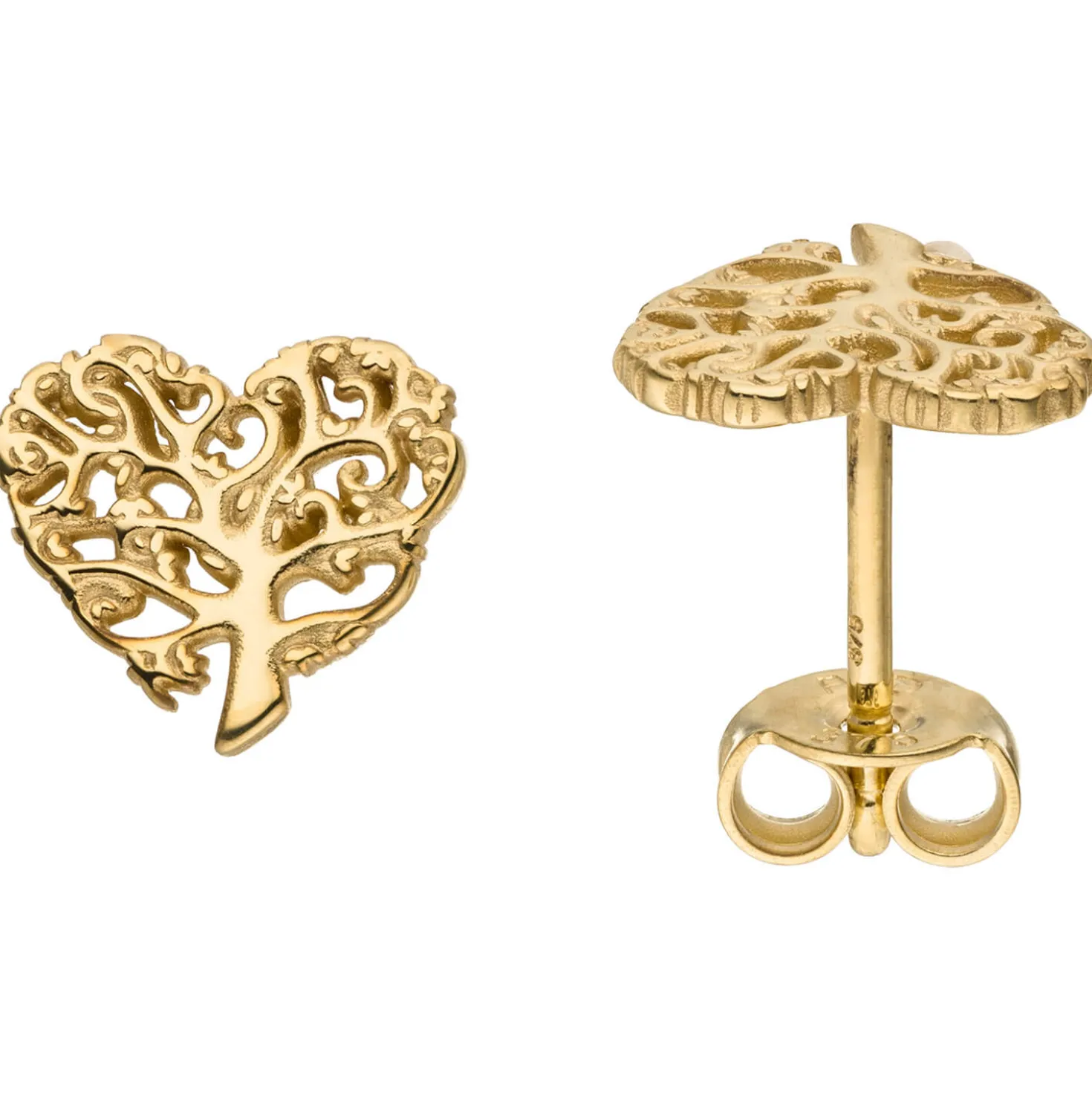 Kleine Ohrstecker 9,2x8mm Herz/Baum Lebensbaum aus 375 Gold Gelbgold Ohrringe