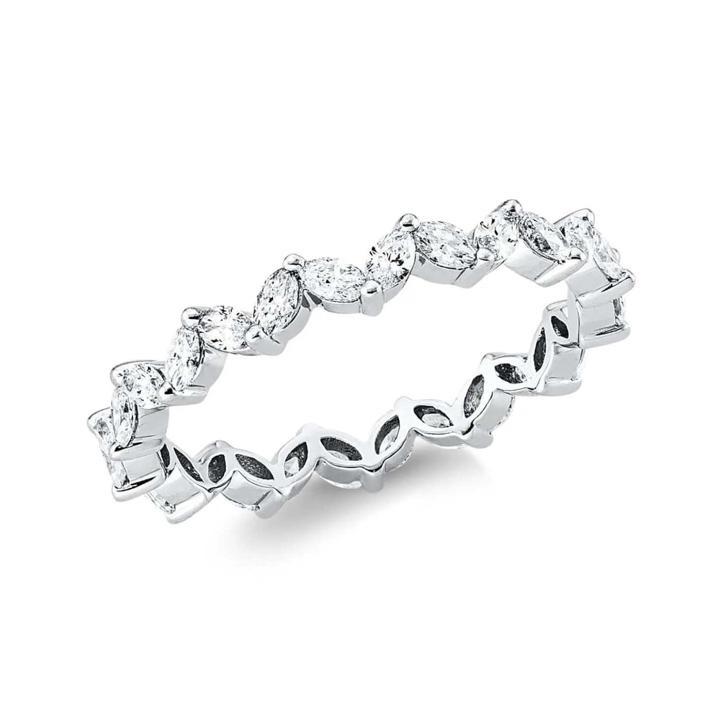 Memoire Ring aus 750 Weißgold 28 Diamanten Navette-Schliff 0,83ct F-SI B:2,9mm