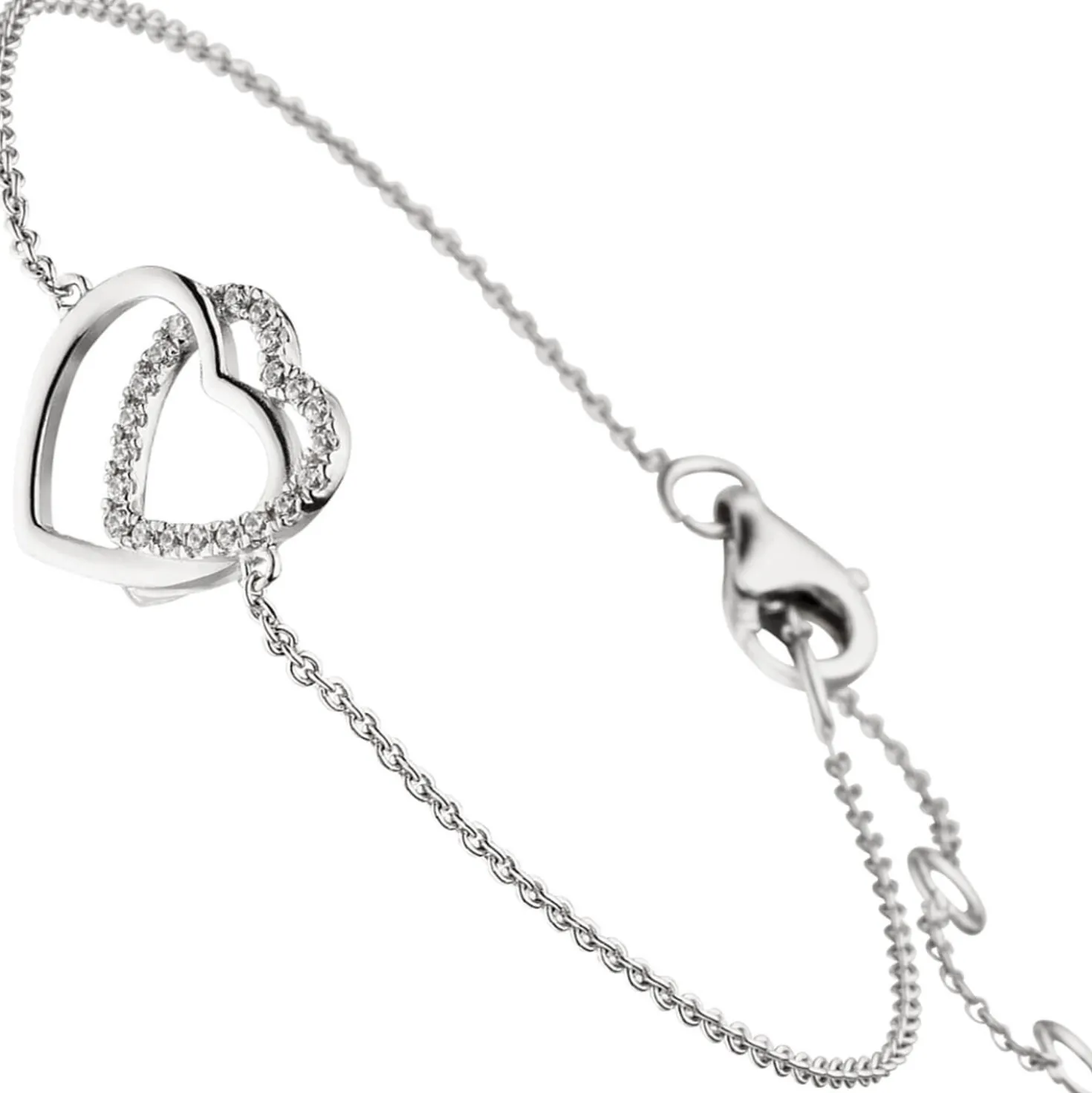 1,1mm Armband Armkette, 2 Herzen mit Zirkonia 925 Silber rhodiniert, 15-18,5cm