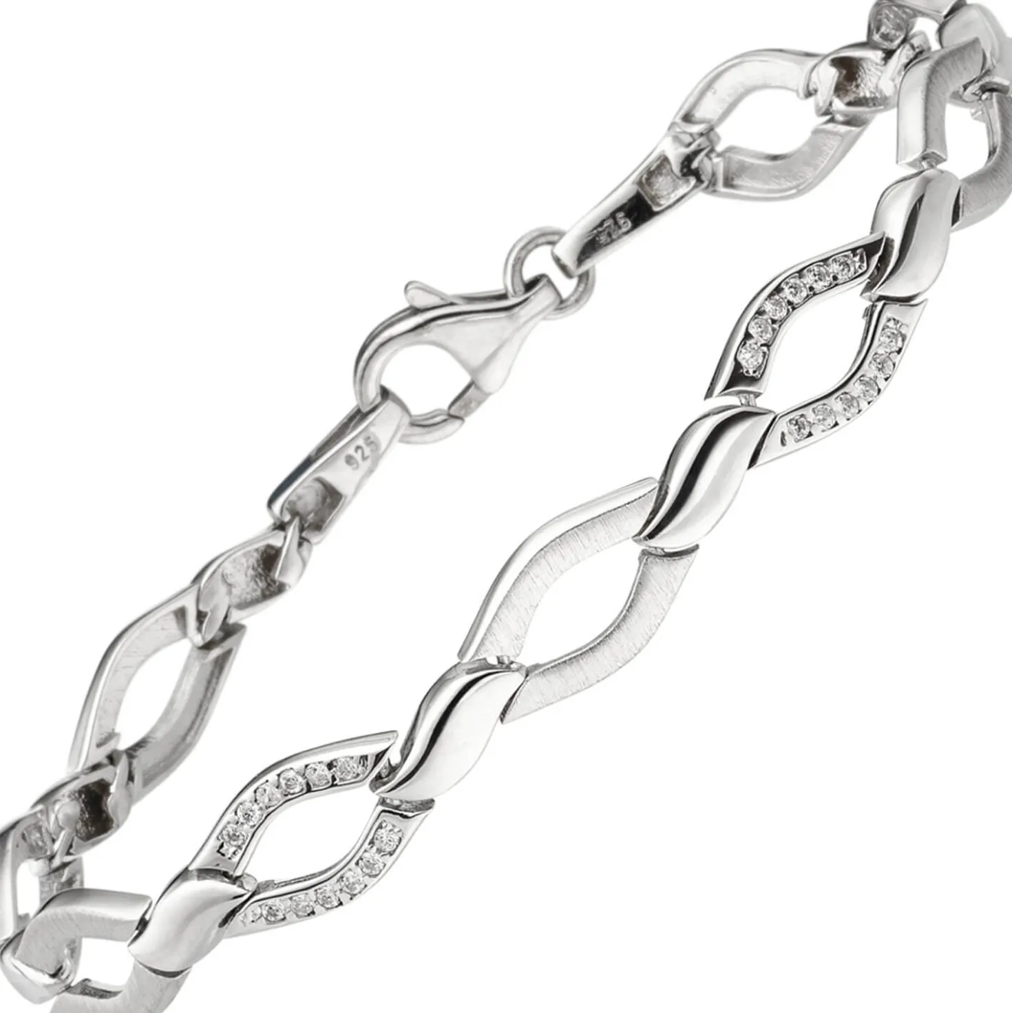 7,8mm Armband aus 925 Silber teilmatt mit 48 Zirkonia 19cm Armschmuck Armkette