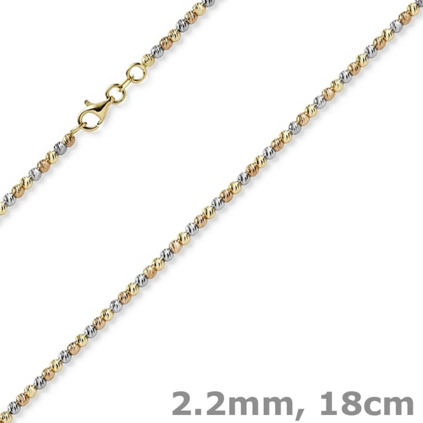 2,2mm Armband Kugelarmband aus 750 Gold gelb/rot/weiß tricolor diamantiert 18cm